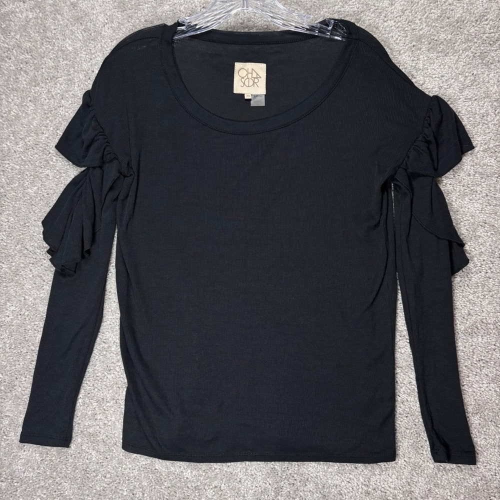 Chaser Black Ribbed‎ Ruffle Long Sleeve Top CW7310 Womens XS